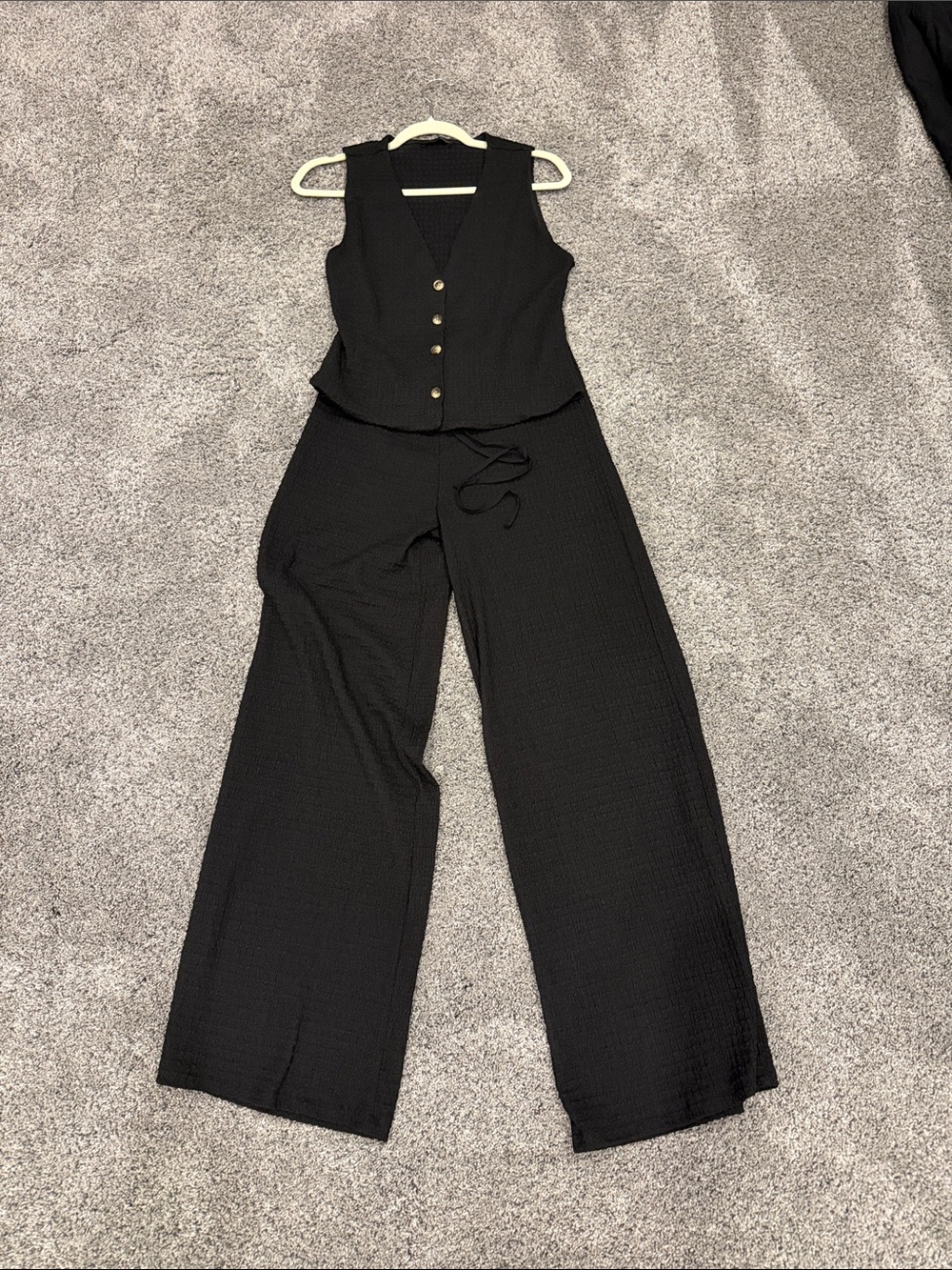Zara Black Sleeveless Button-Front top with Wide-Leg pants, both size large